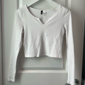 H&M Divided Long Sleeve Notch Necked Crop Top White
